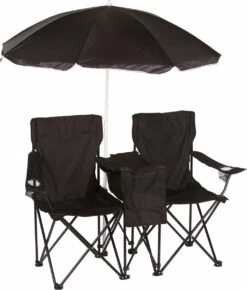 Double Folding Camp And Beach Chair With Removable Umbrella And Cooler By Trademark Innovations (Black)